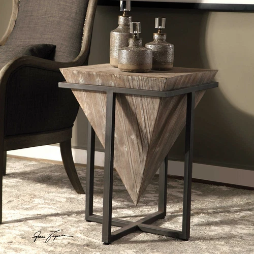 Bertrand Accent Side End Table Geometric Pyramid Aged Wood  ~ Uttermost 24864 - Picture 5 of 10
