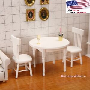 Dollhouse Miniature Kitchen Furniture Round White Wood Dining Table 2 Chair 1:12