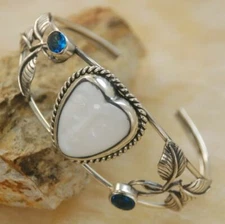 Moon Face Carved & blue topaz gemstone silver Cuff Bracelet Jewelry 