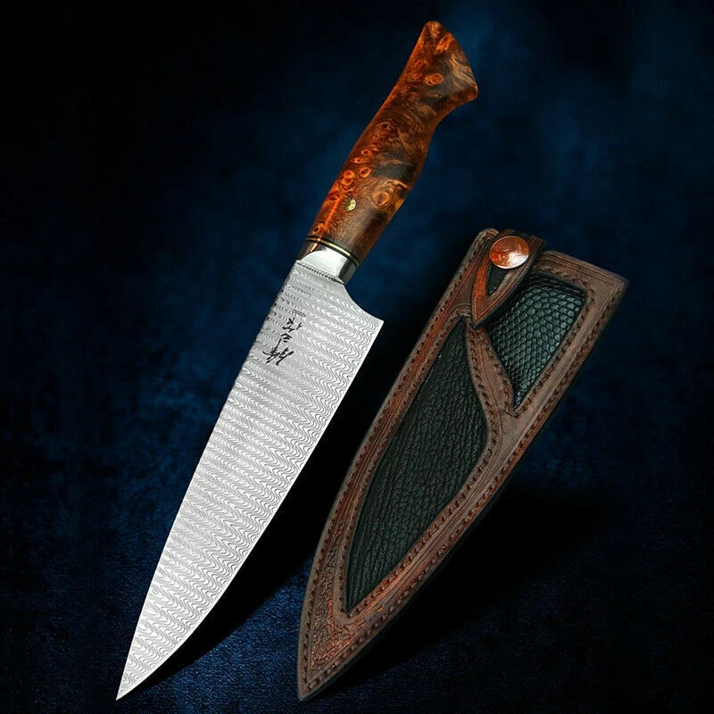 Handmade Chef Knife Damascus Steel Japanese Gyuto Wood Handle Leather Sheath 7"
