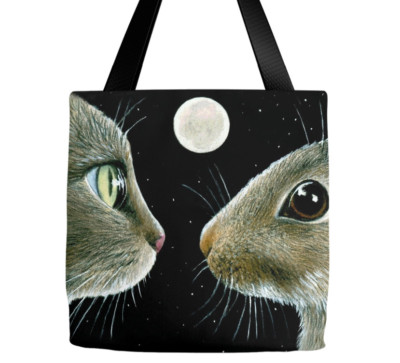 Tote bag All over print Cat 413 rabbit bunny moon black art L.Dumas