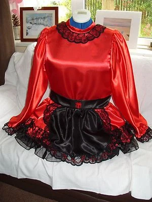 S & J DESIGNS SISSY~MAIDS~ADULT BABY~UNISEX~CD/TV~FETISH RED SATIN, BLACK ORGANZA DRESS & APRO