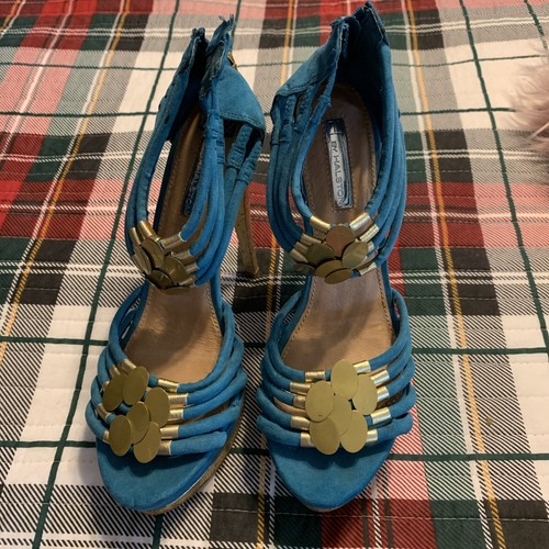 H by Halston Blue Faux Suede & Gold Tone Heels size 8