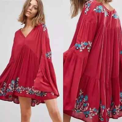 Free People Te Amo Tunic Dress Embroidered Floral Boho Red Bell Sleeves XS NWT