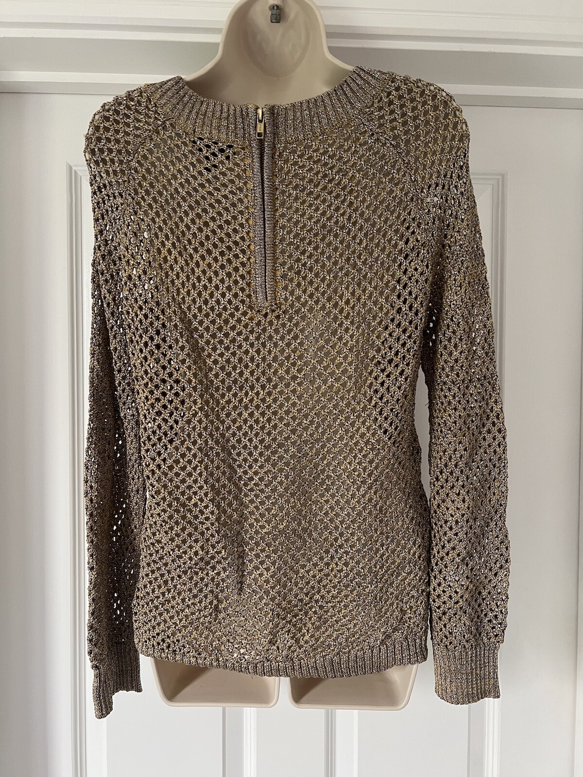 Gold Metallic Glitter Mesh Holey Knit Jumper Crochet Festive