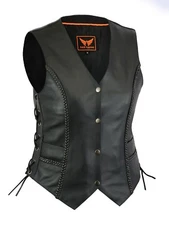 Women Motorcycle Biker Vest Genuine Cowhide Leather Black Concealed Carry XS-3XL