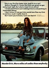 1975 Honda Civic Miles of Smiles Vintage Print Ad Brunette on Hood Car Wall Art