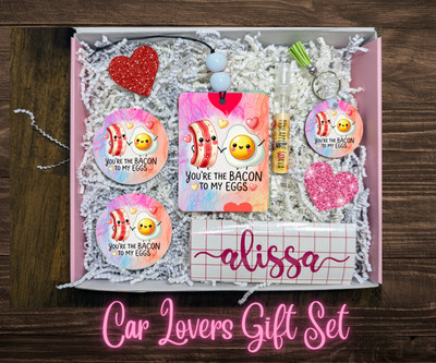 Bacon Egg Car Gift Set Cute Auto Freshener Coasters Keychain Tumbler Tag