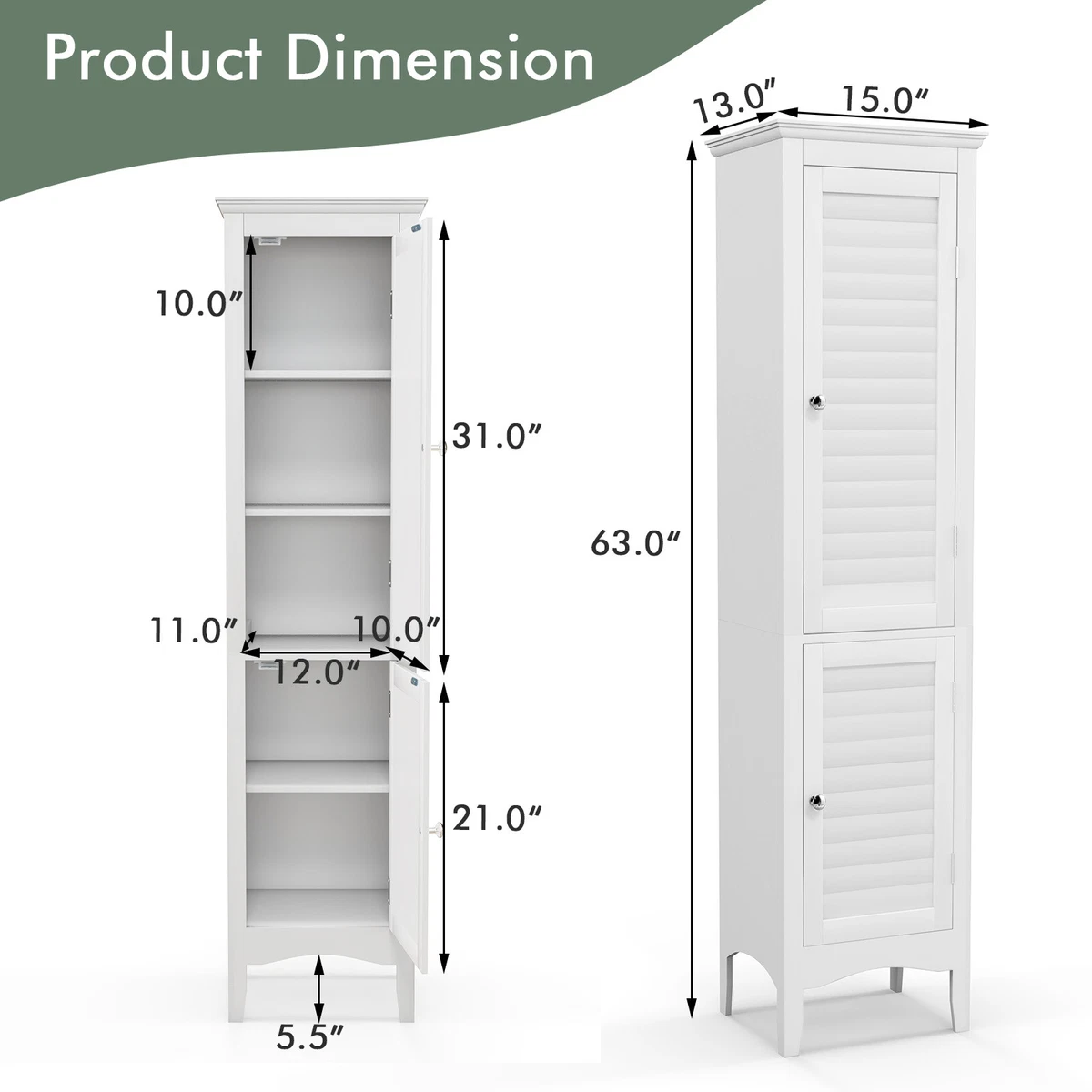 Bathroom Tall Cabinet Narrow Slim Storage Tower with Adjustable Shelf & 2 Doors