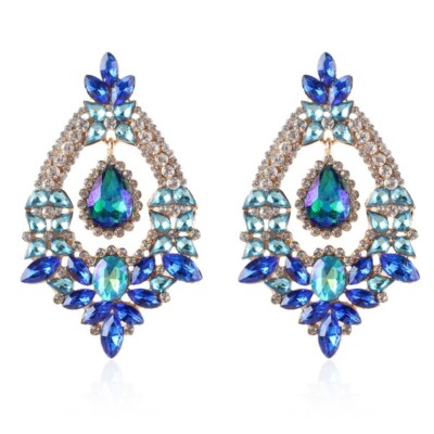 Sensational Blue Marquise Shaped Crystal Flowers Cascade Glitter Earrings