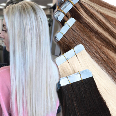 100% Tape In Real Human Hair Extensions Skin Weft Thick Full Head #Bleach White