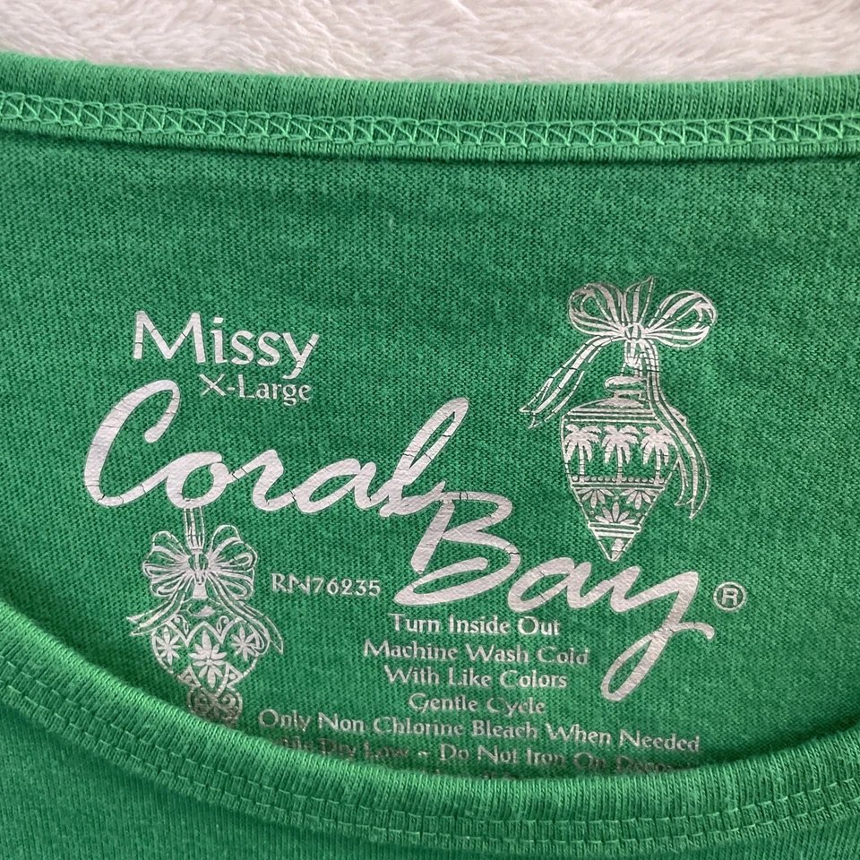 Coral Bay 女士衬衫上衣绿色圣诞串珠 XL 棉 3/4 袖圆形 — 第 3/4 张图片