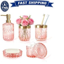Pink Bathroom Accessories Set 5pcs Glass Soap Dispenser Tumbler Toothbrush Ho...