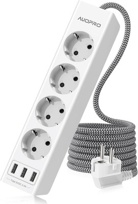 4-Fach Steckdosenleiste Wandmontage mit 3 Smart USB Ports (3,4A / 17W), USB