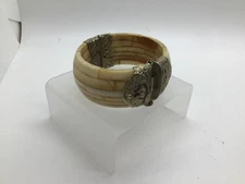 Vintage Carved Hinged Bracelet – Silver Tone Hardware – Cream Stripes