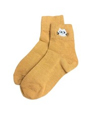 Cute Cat Embroidered Low Crew Socks Mustard Y...