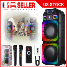 Dual 15" Portable Bluetooth Speaker Subwoofer Deep Bass Party System w/ 2 Mics