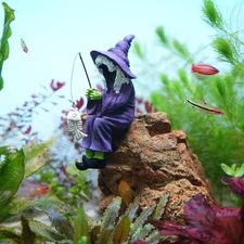 Witch Fishing Decor - Halloween Shelf Sitter Statue, Aquarium and Garden Pond Ed