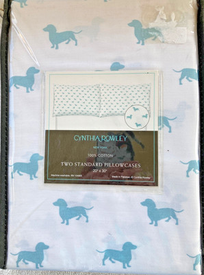2- Cynthia Rowley DACHSHUND  Blue  PILLOWCASES Standard COTTON New FREE SHIP