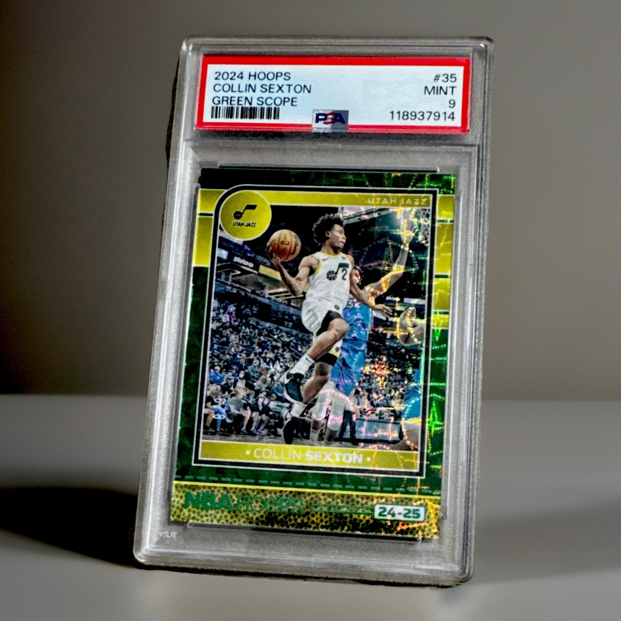 COLLIN SEXTON - 2024 PANINI HOOPS #35 - GREEN SCOPE SSP /8 - JAZZ POP 1 - PSA 9!