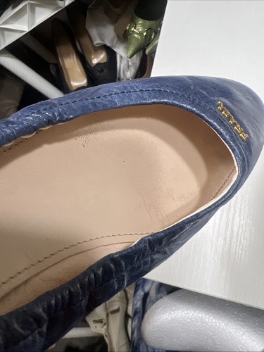 Prada 40 Ballet Flats Blue Leather Lined Foldable Slip On Travel Gold Name Logos - Picture 22 of 24