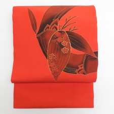 Japanese Kimono Nagoya Obi Silk Bamboo and plum pattern Orange 139.4inch Women's