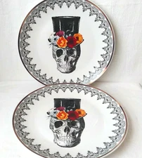 Harvest Green Studio Black Lace Gold Trim Skull Halloween Dinner Plate Set of 2
