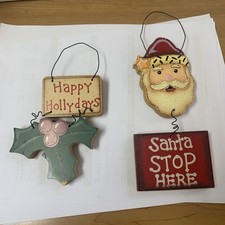 2 Handcrafted Wood Hanging Christmas Signs Decor Ornaments Santa Holly B1