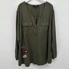 Chelsea Studio Tunic Top Shirt Size 4X Army Green Henley Long Sleeve Utility