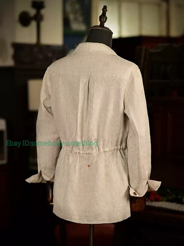 Men's 100% Linen Safari Pockets Hunting Coat Jacket Casual Breathable Retro Tops - Picture 5 of 25