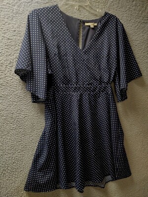 mi ami Womens Cut Out Dress Medium Blue White Polka Dots 0733