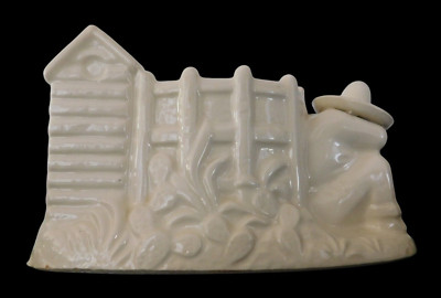 Vtg Man Sobrero Sleeping Against Fence Flowers Out Building Ivory Planter Japan
