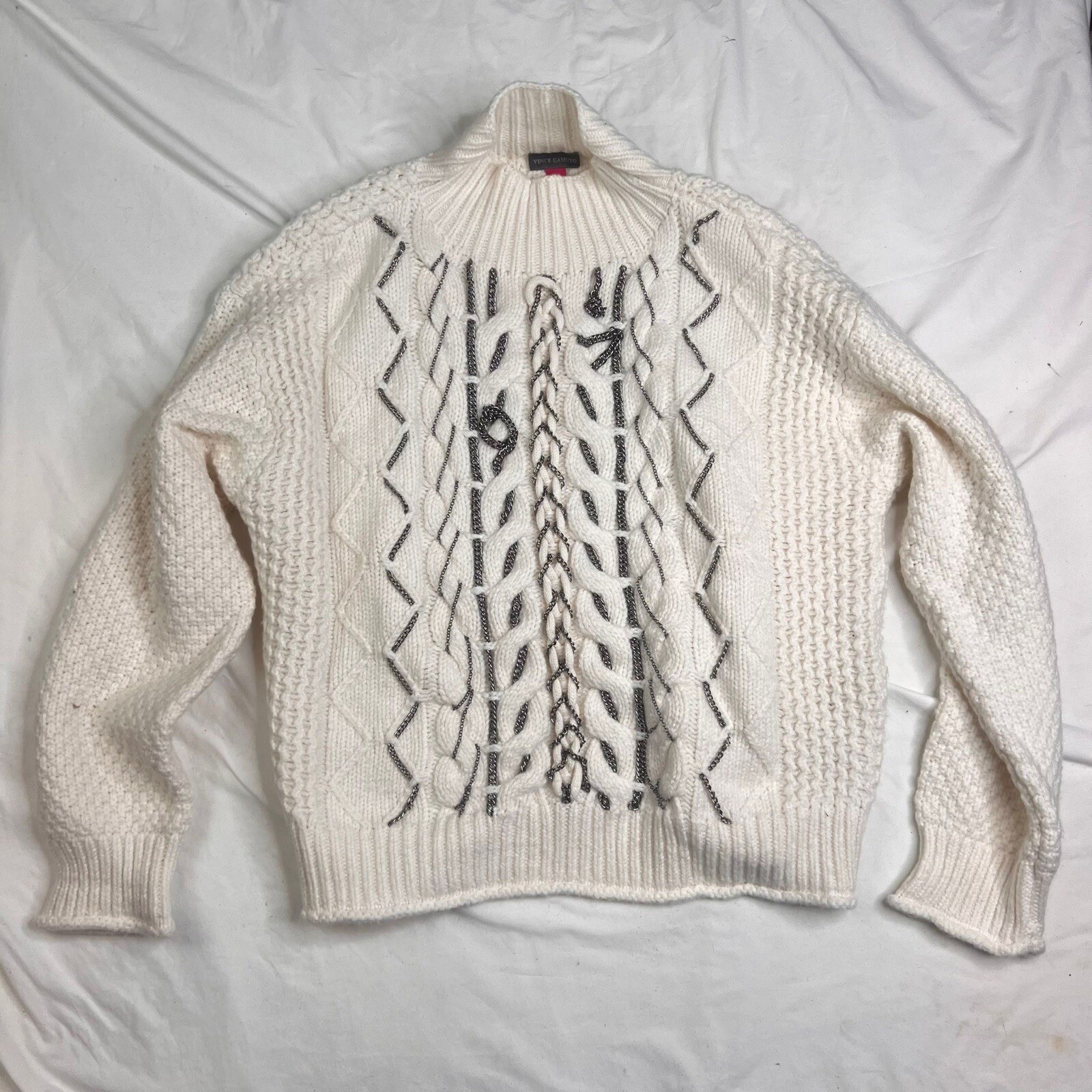 Vince Camuto Sweater Womens M Chunky Cable Knit Chain Detail Pull Over A040125