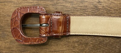 Lejon Vintage Women\'s Belt Sage Green Alligator Grain Steerhide‎ USA Made Sz M Alligator Grain Embossed Calfskin Double Buckle Belt in  main image 2