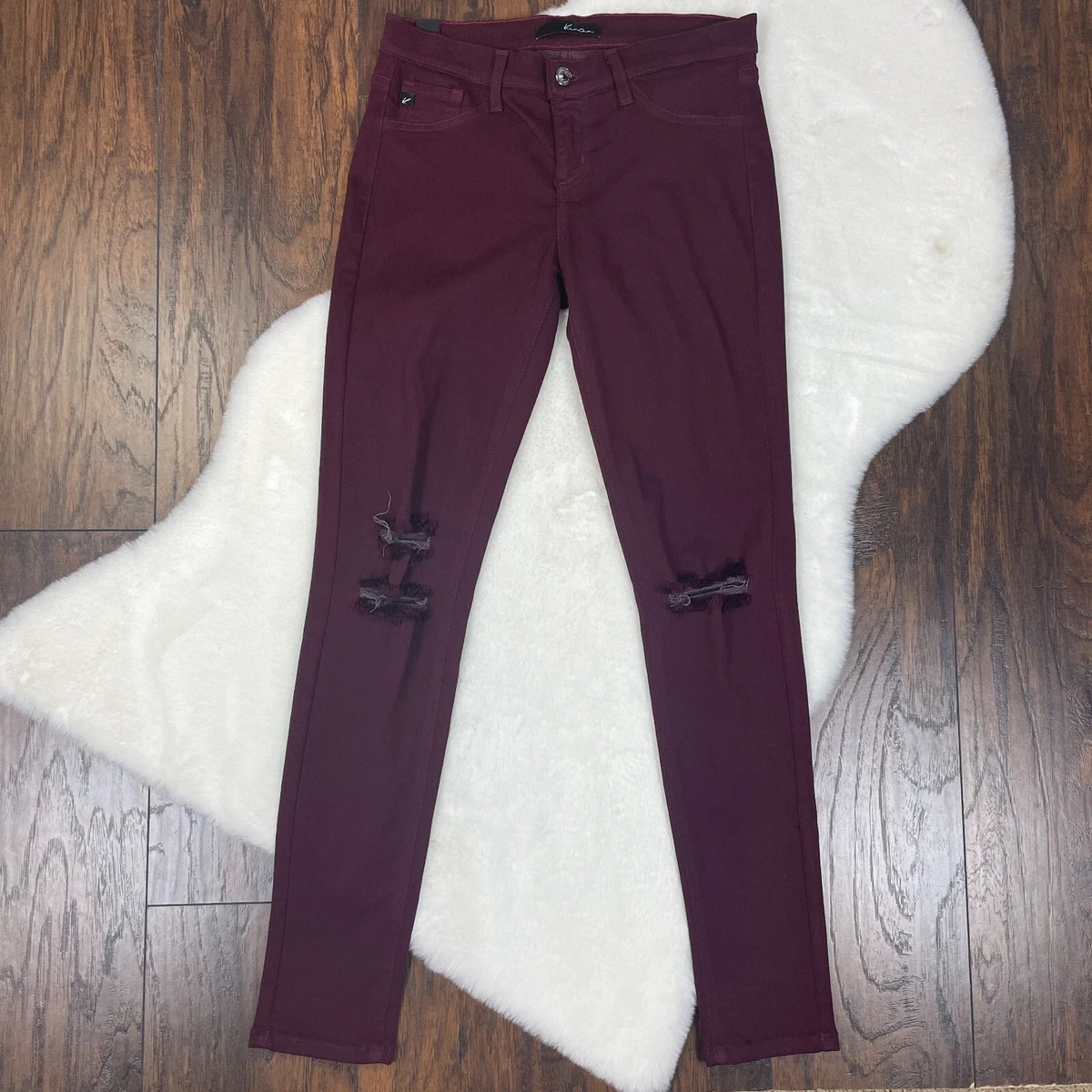 Burgundy ripped skinny online jeans