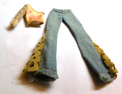 BRATZ DOLL SIZE BELL BOTTOM JEANS SUEDE LIKE PANELS ONE SHOULDER
