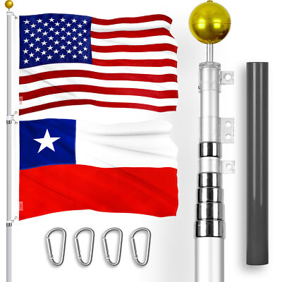 20 Ft Telescoping Flagpole Silver & American and Chile Flags Emb 300D 3x5Ft