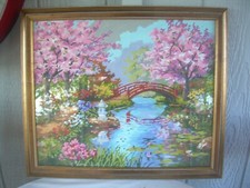 VTG PAINT BY NUMBER SPRING LANDSCAPE 22 X 19 FRAMED UNDER GLASS EUC