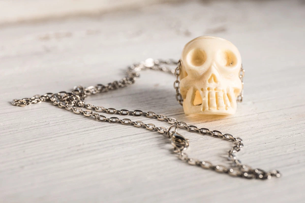 Hand Carved Bone Skull Chain Necklace Gothic Halloween Skeleton Mens eBay