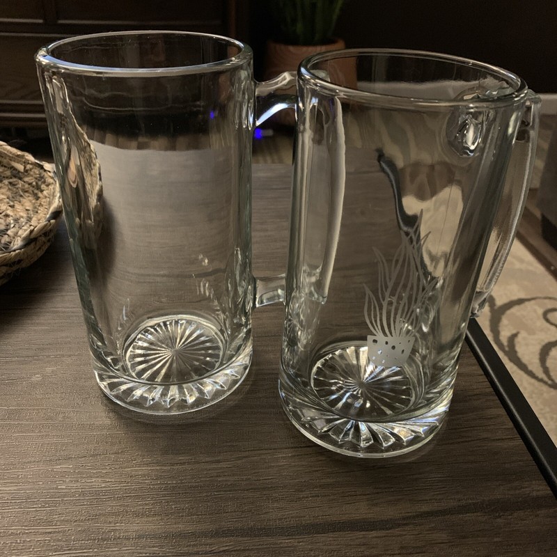 SET OF 2x LARGE GLASS BEER STEIN MUGS 7 Inches Plant Etched