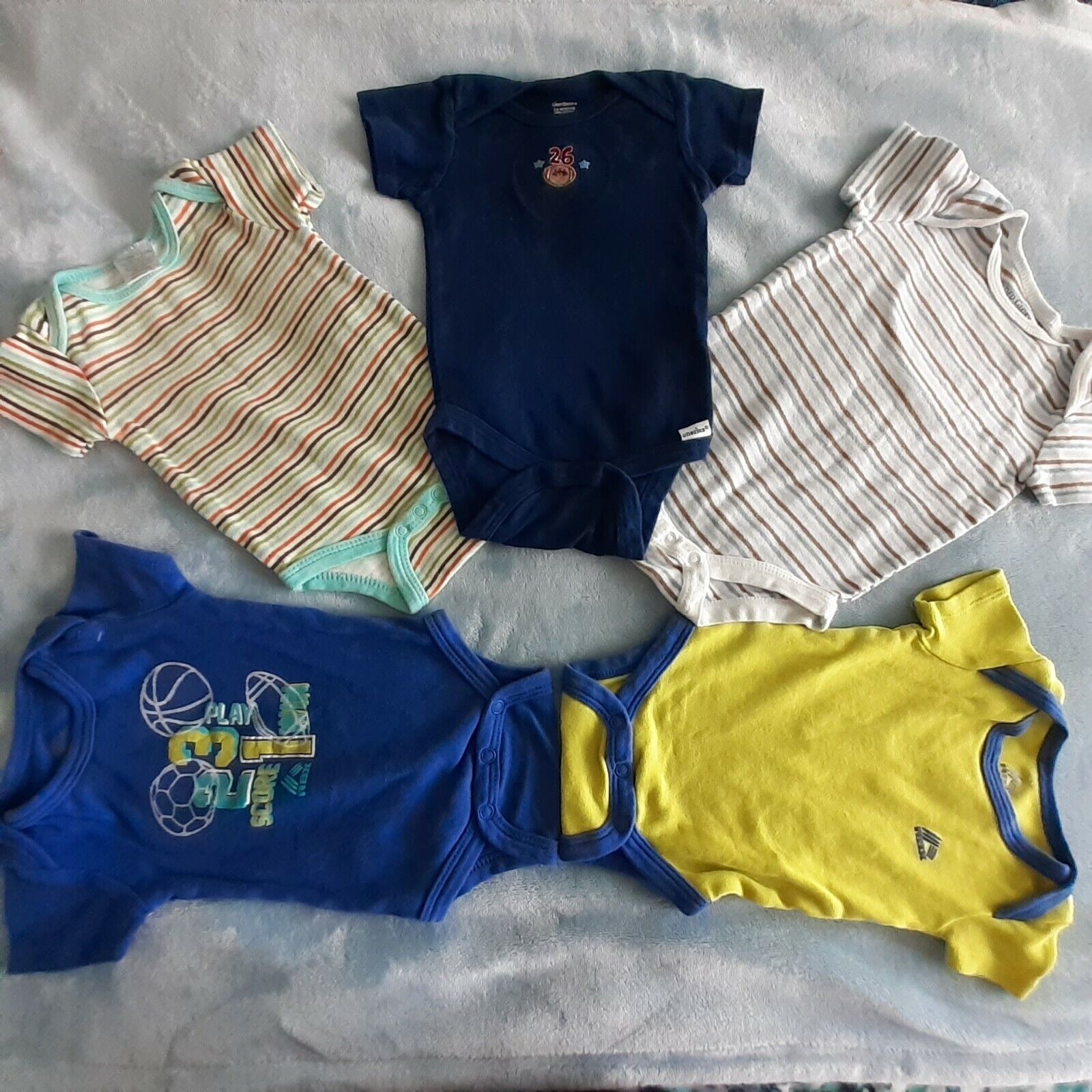 5 pc baby boy 3-6 months bodysuits blue, striped multicolor, green