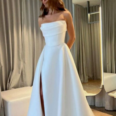 High Side Slit Satin Wedding Dresses Strapless Backless Pleated Bridal Gowns  New | eBay