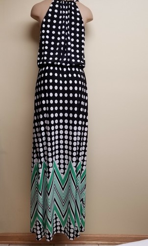 Maggy London black & white, polka dot long dress with green accent, size 4 - 第 5/8 張圖片