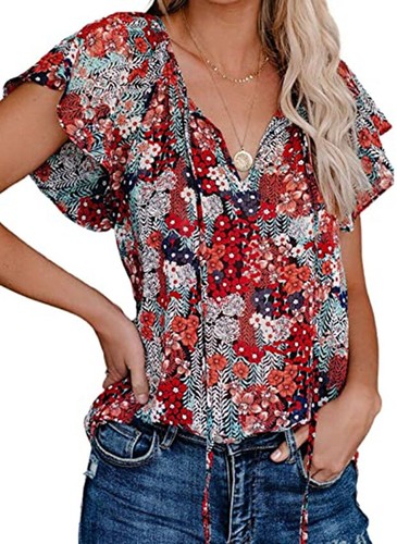 Para Mujer Primavera Y Verano Nueva Informal Estampada Cuello en V Manga Corta Camisa Suelta Top - Imagen 7 de 61
