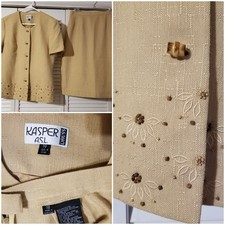 Kasper 2-Piece Size 10 Jacket Skirt Suit Beige Tan Embellished Short Sleeve