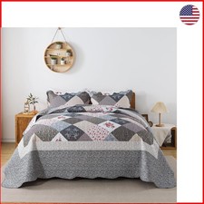 3-Pc Rustic King Size Quilt Set - Oversized 120x120 Coverlet in Elegant Grey