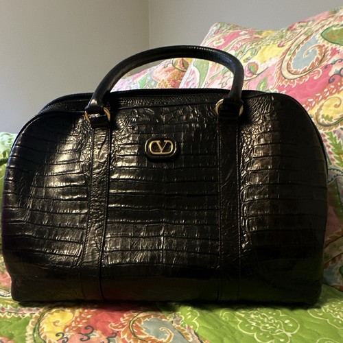 COA_Vintage Valentino_Black Croc-Embossed Satchel Top Handle Bag_ Zip Gold HW