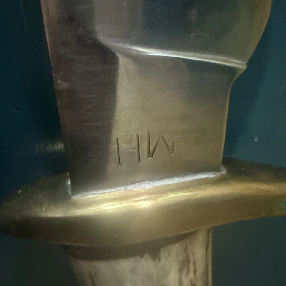 Vintage Hunting Knife Fixed Blade W/Sheath Signed By MH Antler/Brass Handle. - Image 2 of 4