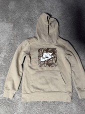 Kids Boy Beige Nike Logo Front Fleece Hoodie Pullover Size 6-7 Years