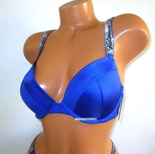 VICTORIA SECRET Swim Shine Strap Push Up Bikini Top 38C 38DD Blue Rhinestone $70